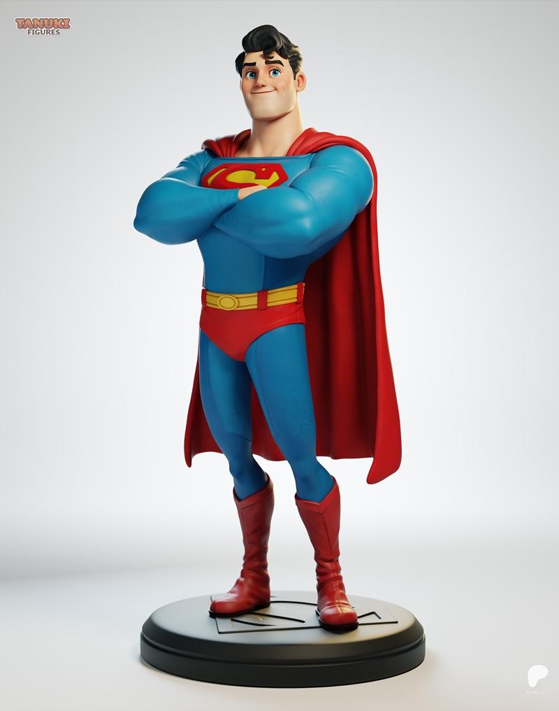 Stylized 3D model of Classic Superman with arms crossed, wearing his iconic blue suit, red cape, red trunks, and red...