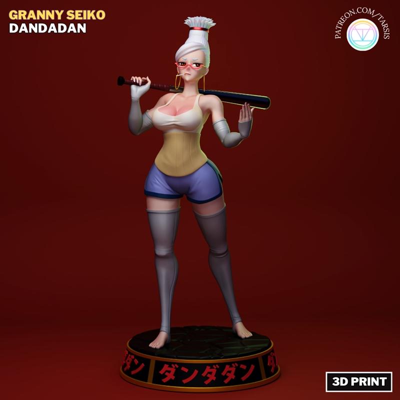 Seiko from Dandadan anime, depicted as a 3D printable figure. She has a white ponytail, glasses, and holds a baseball...
