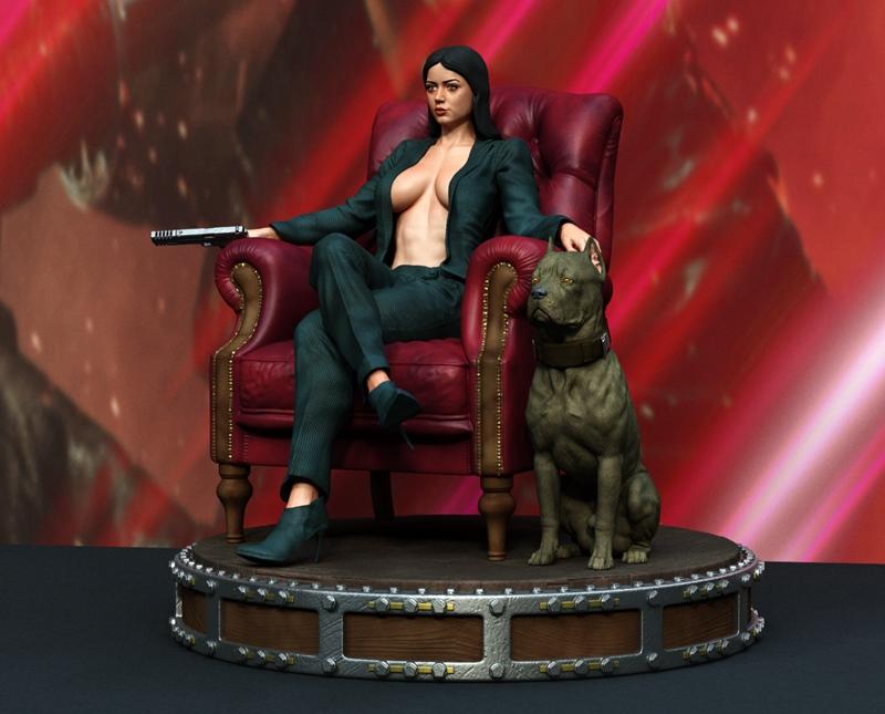 Ana de Armas figure in a green suit, seated in a red armchair with a gun, next to a pitbull dog on a decorative base.