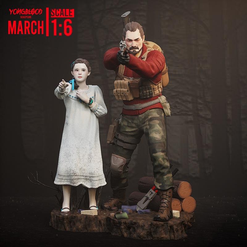 Barry Burton aiming a handgun while Natalia Korda points forward, both standing on a forest-themed diorama base. Barr...