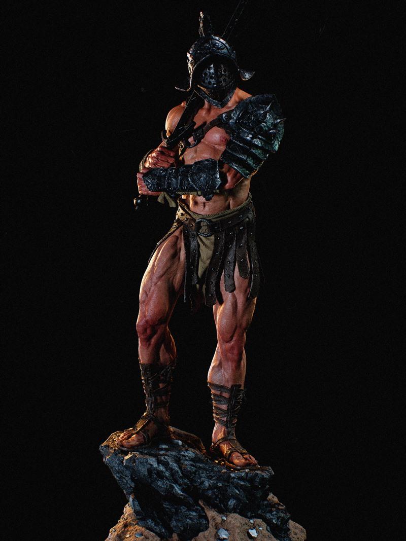 Muscular gladiator figure wearing a helmet and armor, holding a sword, standing on a rocky base. Model by CA 3D Studios.