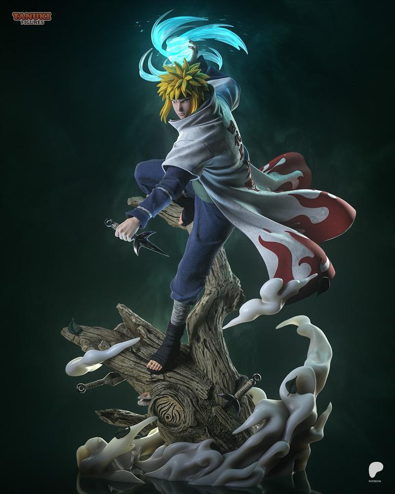 Minato Namikaze figure in dynamic leaping pose, holding a Rasengan, wearing a white and red flame-patterned cloak, ba...
