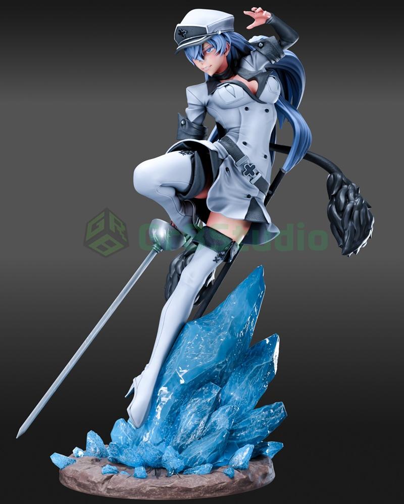 Esdeath from Akame Ga Kill in a dynamic pose, wielding a sword and standing on blue ice crystals, wearing a white mil...