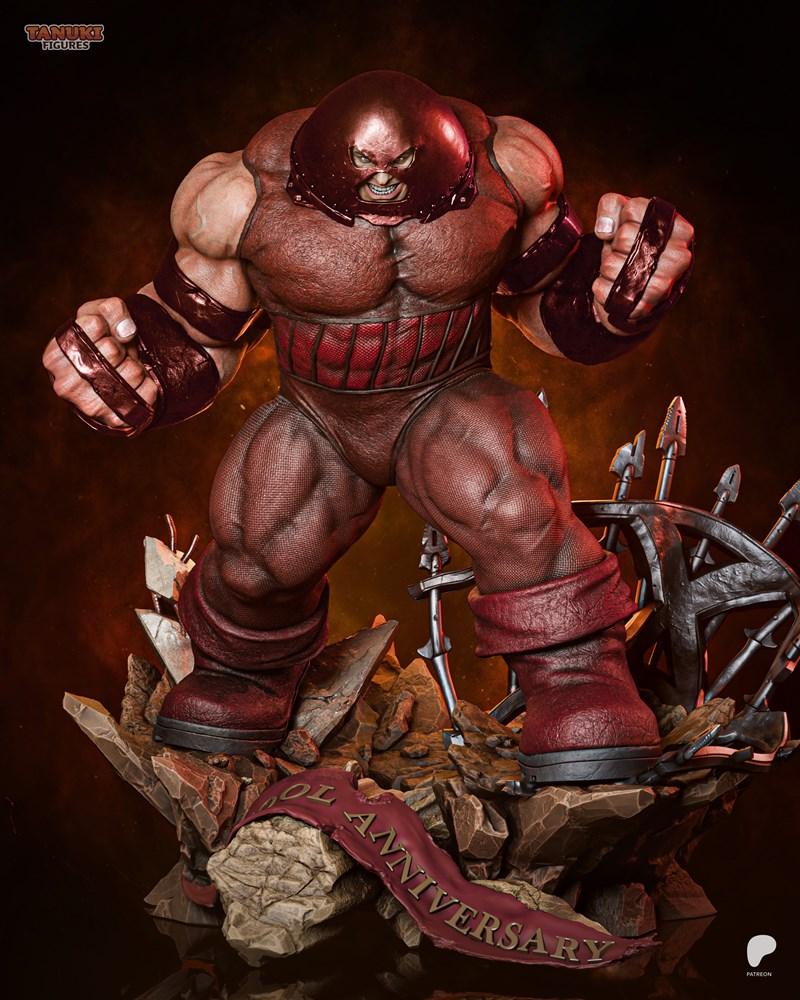 Juggernaut 3D print model figure by Tanuki Figures, standing on a rubble base with an anniversary banner, wearing cri...