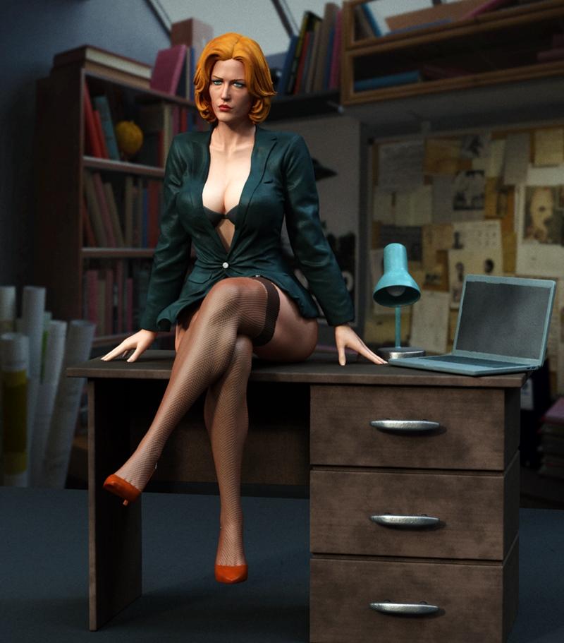 Dana Scully 3D model sitting on a desk, wearing an open blazer, bra, and fishnet stockings, with a laptop and lamp ne...