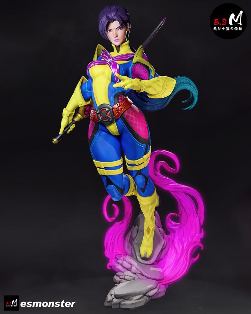 Psylocke 3D model figure in a dynamic pose, wearing a yellow, blue, and pink suit with a red belt, holding a katana,...