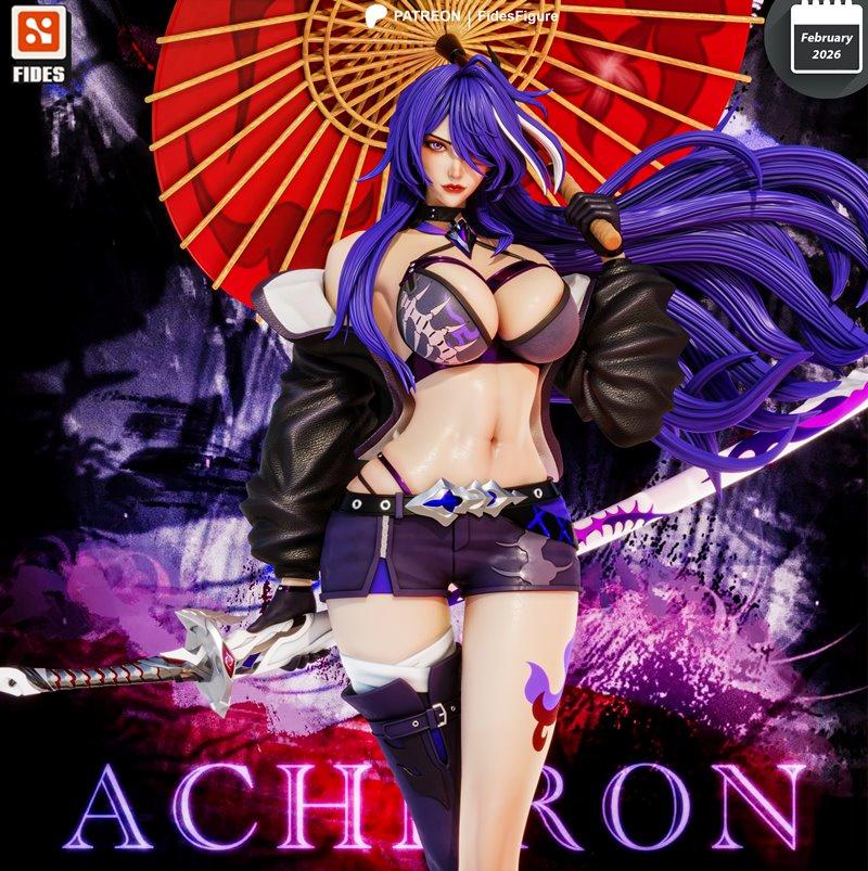 Acheron figure from Honkai Star Rail, with flowing purple hair, wearing a revealing outfit and holding a sword. A Jap...