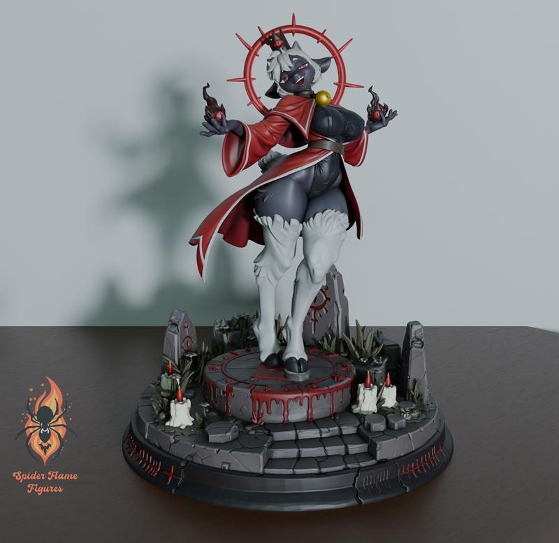 The Lamb from Cult of the Lamb fan art 3D model, standing on a diorama base with gravestones and candles, wearing a r...