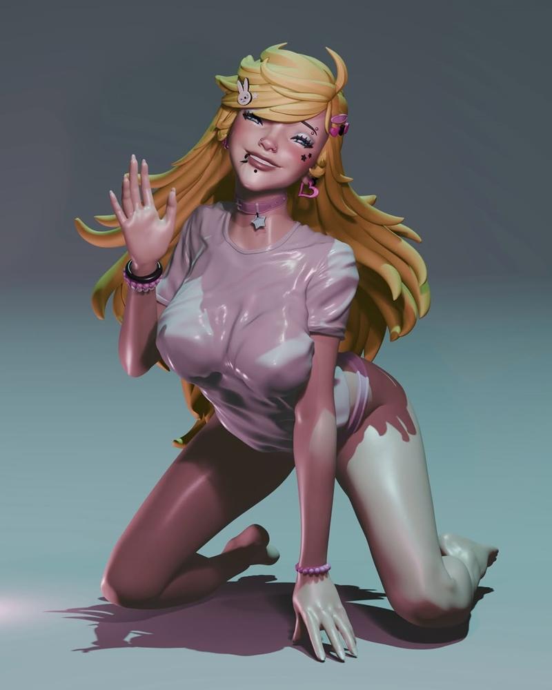 Kneeling anime-style figure of Panty Y2K by Velvet Sin, wearing a sheer pink t-shirt and white panties, with blonde h...