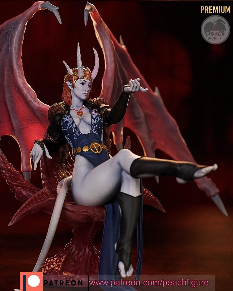 Demoness Mizora figure with blue skin, horns, and large red wings, seated on a throne, wearing a revealing dark outfi...