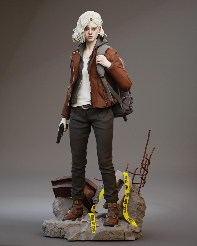 Grace Ashcroft 3D model figure, holding a handgun and wearing a leather jacket, hoodie, and backpack. Diorama base fe...