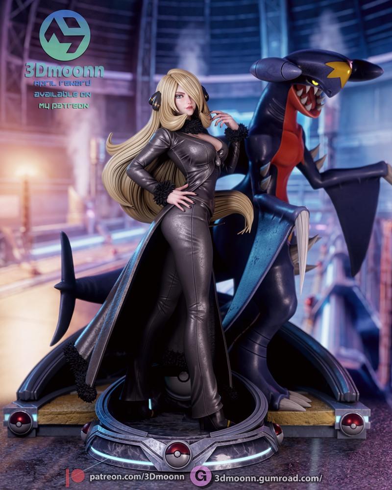 Cynthia and Garchomp 3D model figure, Cynthia in a long black coat with fur trim, Garchomp with red chest and sharp t...