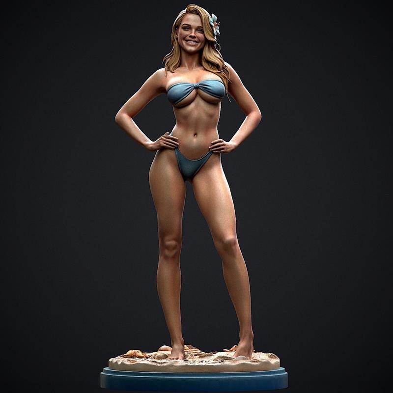 Realistic 3D model of a woman in a blue bikini, standing with hands on hips on a sandy base. She has blonde hair with...