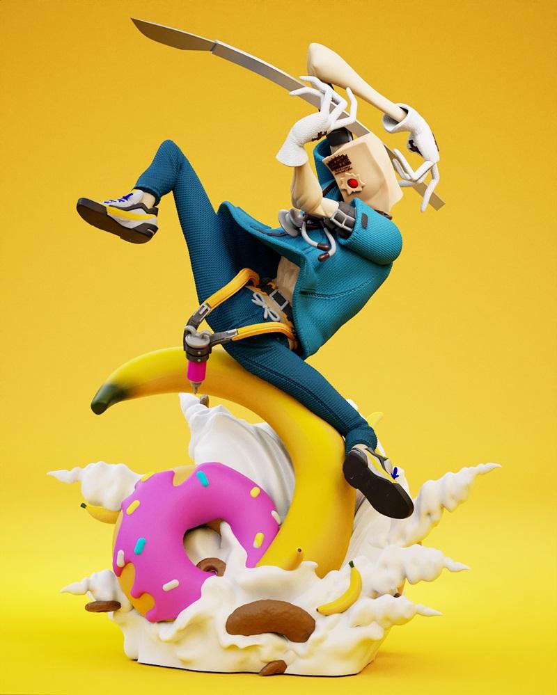 3D model of Guilty Gear's Faust character, balancing on a giant banana with a pink donut and cream base. Teal coat, b...