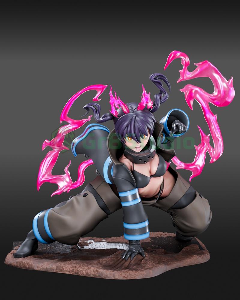 Tamaki Kotatsu figure in a low crouch, surrounded by pink flames. She wears a black bikini top, tactical pants with b...