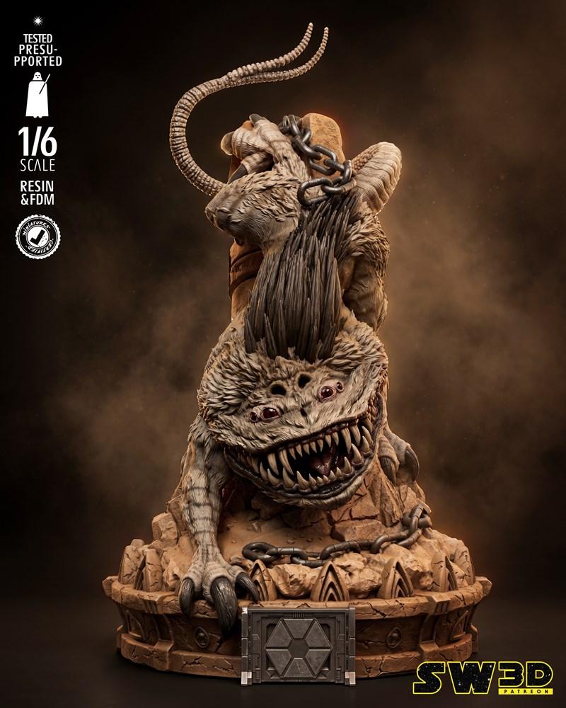 1/6 scale 3D model figure of a monstrous creature with multiple eyes, sharp teeth, horns, and a spiky mane, chained a...