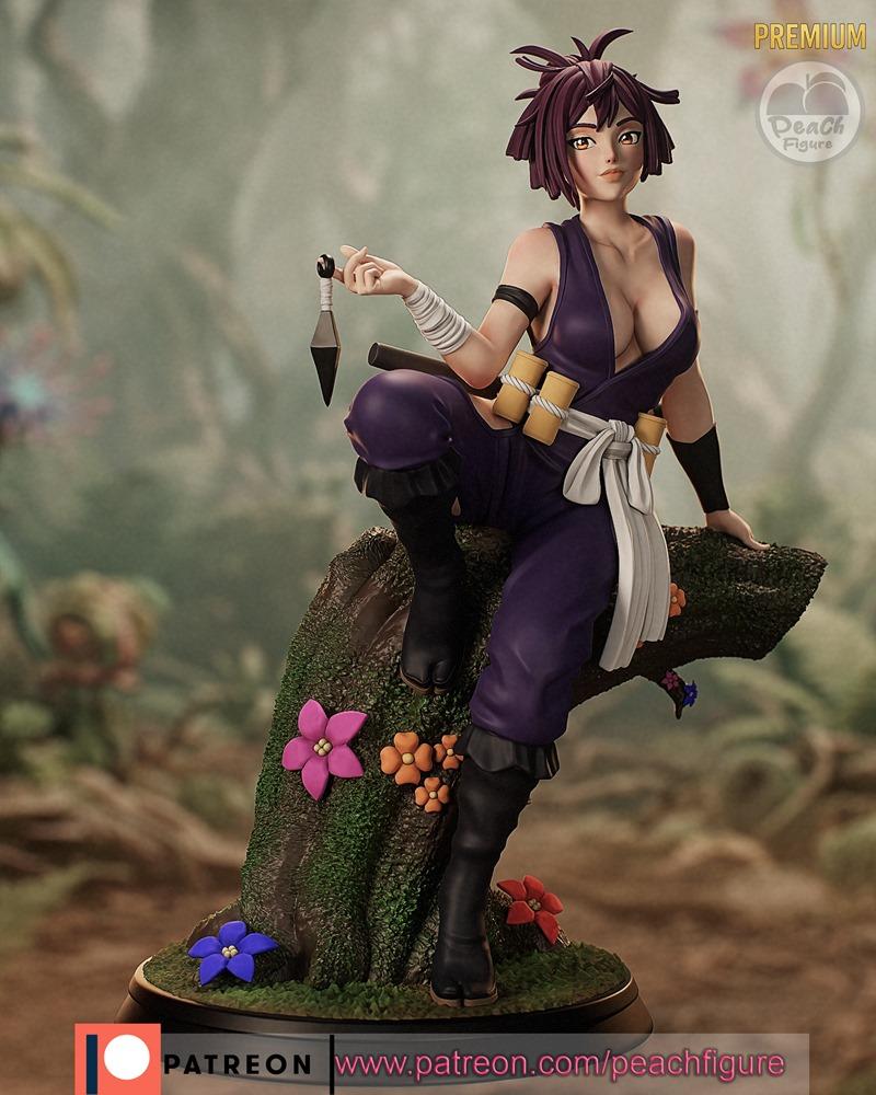Yuzuriha character 3D model, inspired by Naruto, sitting on a mossy branch with flowers, holding a kunai. Wears a pur...