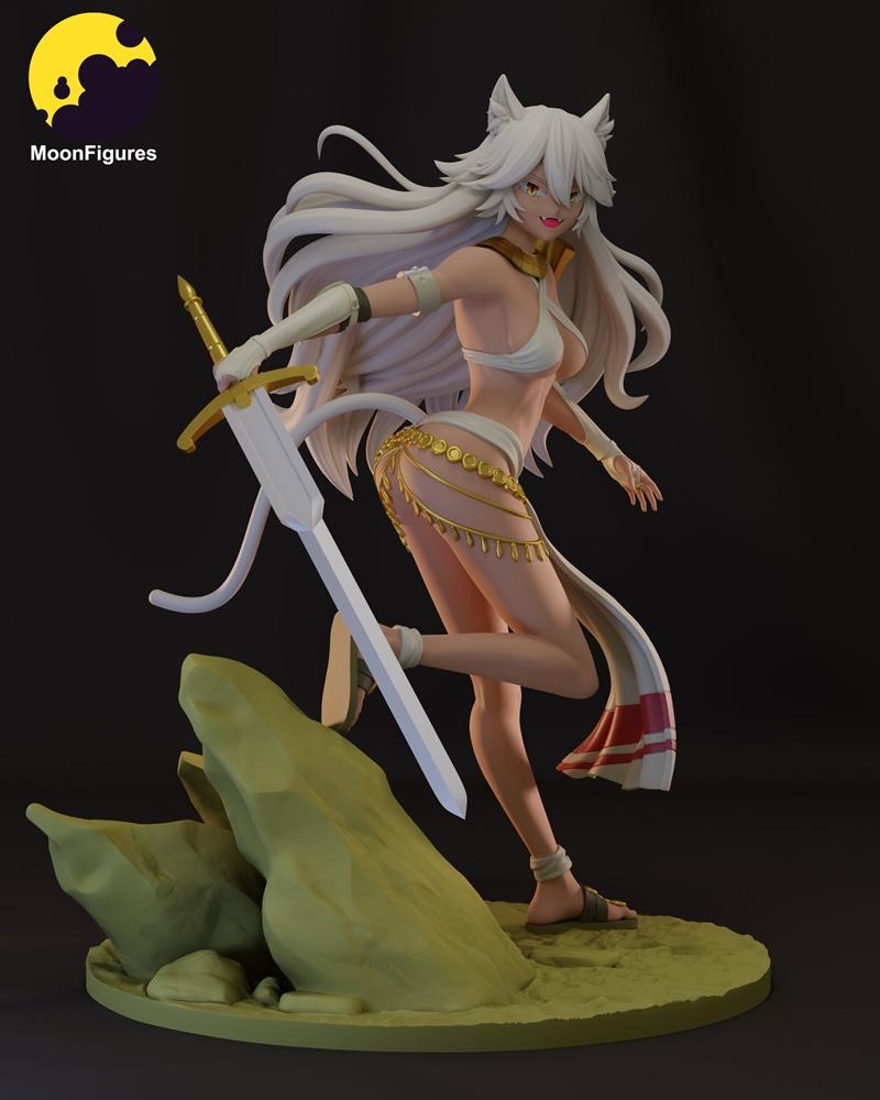 MoonFigures 3D model of Granart Needakitta, a cat-eared female character with white hair and a bikini, holding a swor...