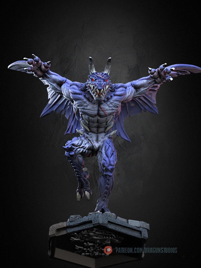 A blue, winged, reptilian monster with horns and red eyes, named Gaibon, in a dynamic pose on a stone base. 3D model...