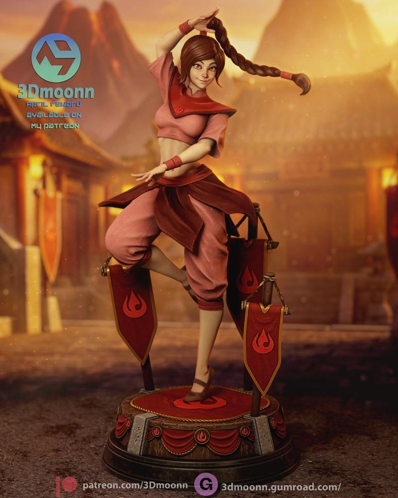 3Dmoonn Ty Lee figure from Avatar: The Last Airbender in a dynamic martial arts pose, wearing pink and red Fire Natio...