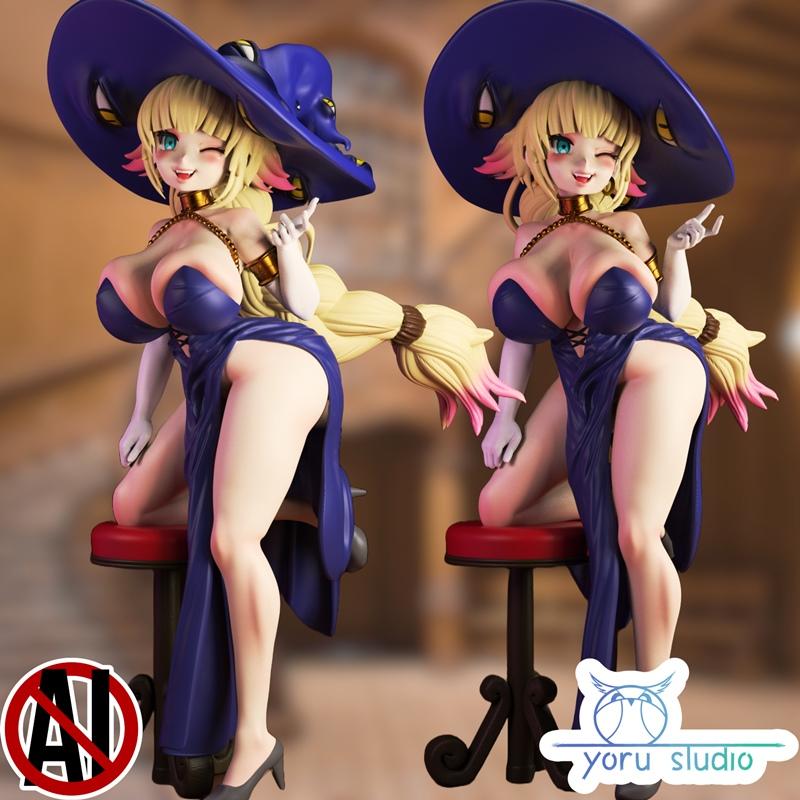 3D model of Great Mage Demia, a blonde witch with a large purple hat, kneeling and winking. She wears a revealing blu...