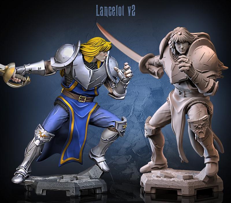 Two 3D printed figures of Lancelot v2, one painted and one unpainted, in dynamic combat poses with swords drawn. Both...