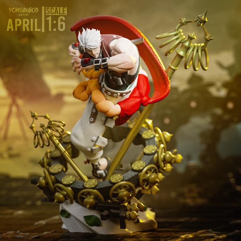 Chipp Zanuff from Guilty Gear in a dynamic combat pose, wearing a red cape and white pants, with golden ornate detail...