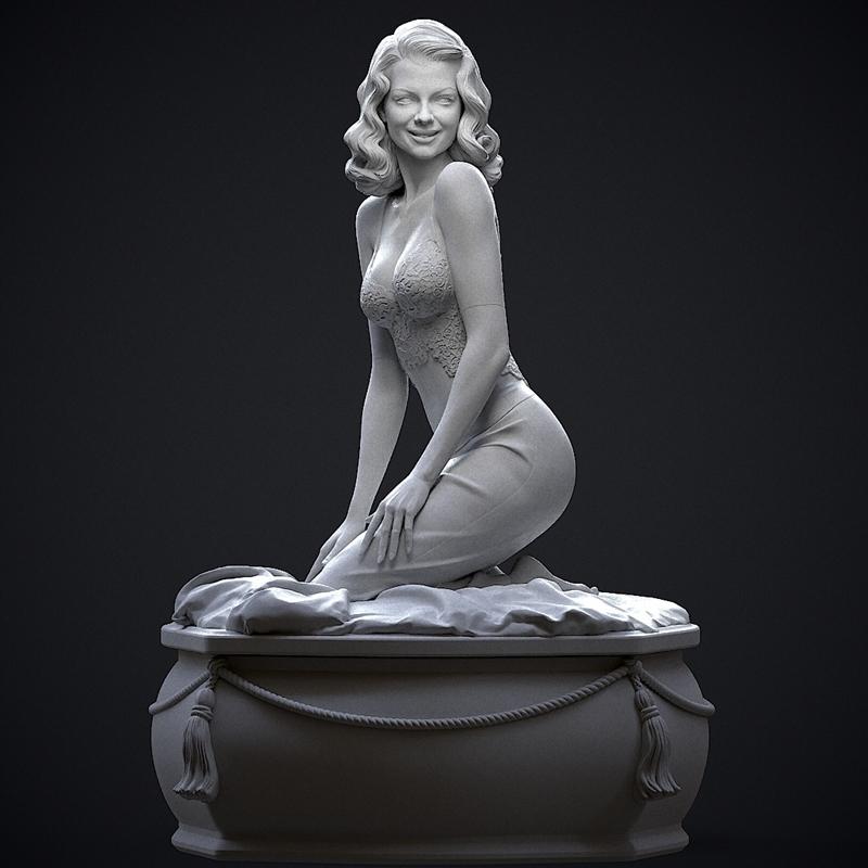 3D model of Rita Hayworth kneeling on draped fabric atop a decorative basin, wearing a lace-trimmed dress.