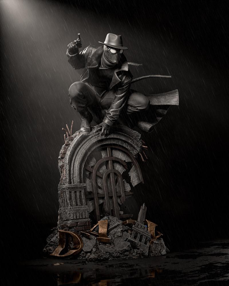 Spider-Noir crouches on a ruined stone base, holding a pistol, wearing a fedora and trench coat in the rain. Model by...