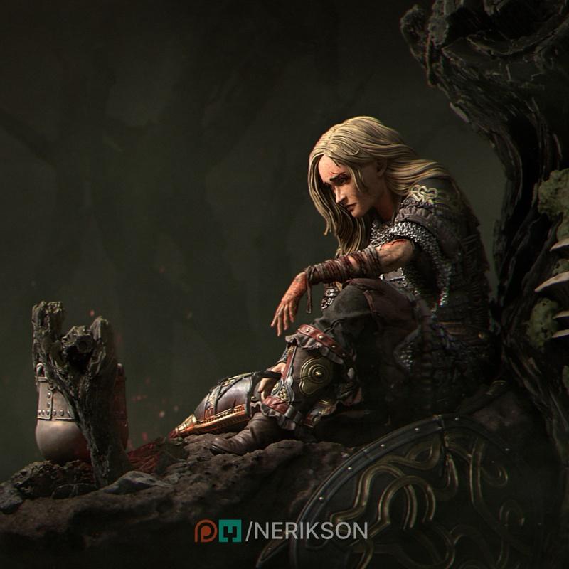 Female warrior in chainmail armor resting on rocks, looking down with a weary expression. Intricate shield detail vis...