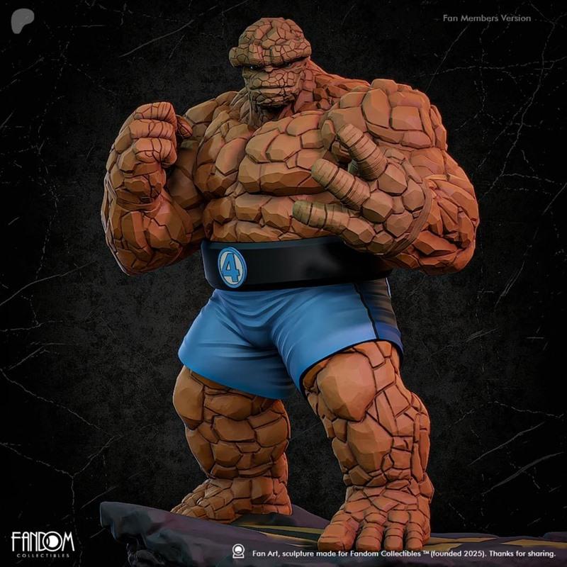 The Thing, a muscular character with orange rocky skin, wearing blue shorts and a black belt with a '4' logo, stands...