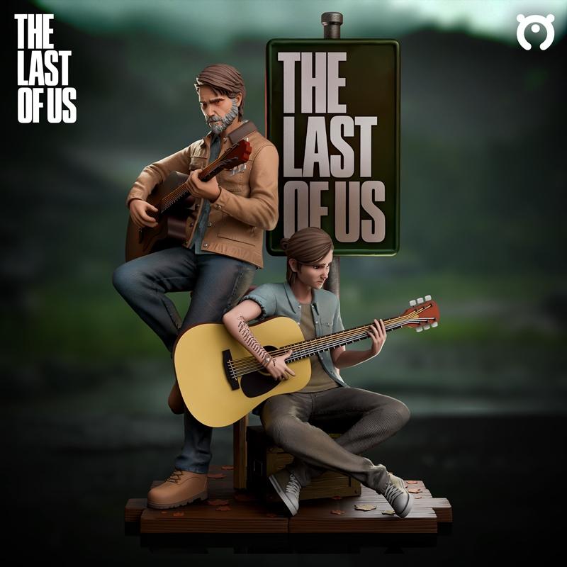 Joel and Ellie figures from The Last of Us, both holding guitars, standing and sitting on a base with a logo sign. Jo...