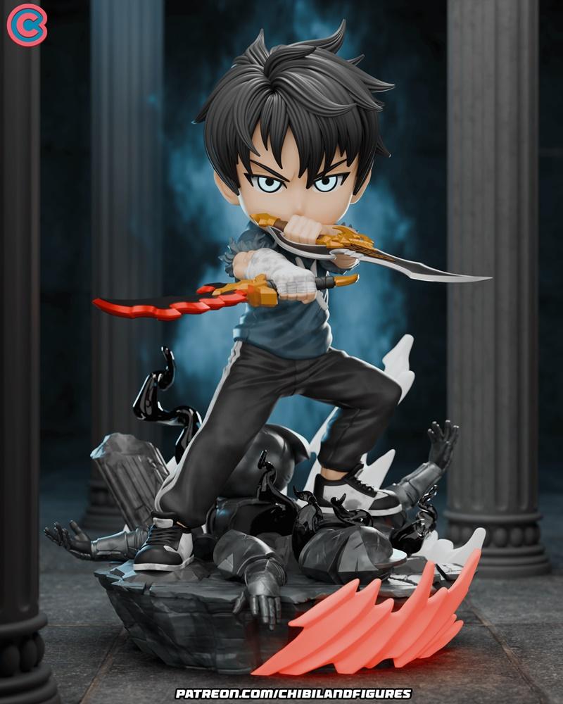 Chibi Sung Jin Woo figure from Solo Leveling, holding two swords, standing on a base of defeated foes. Chibi Land Fig...