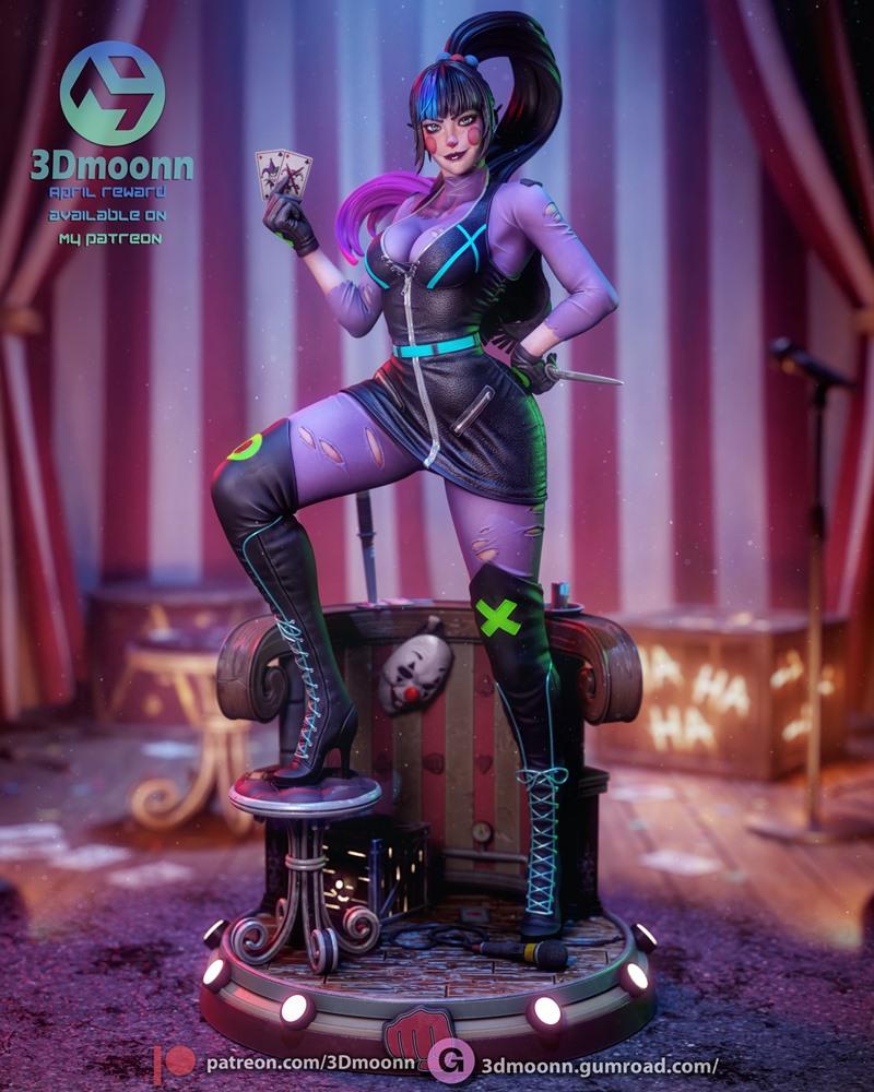 3Dmoonn Punchline figure with dual-colored hair, holding playing cards and a knife, wearing a ripped circus-themed ou...