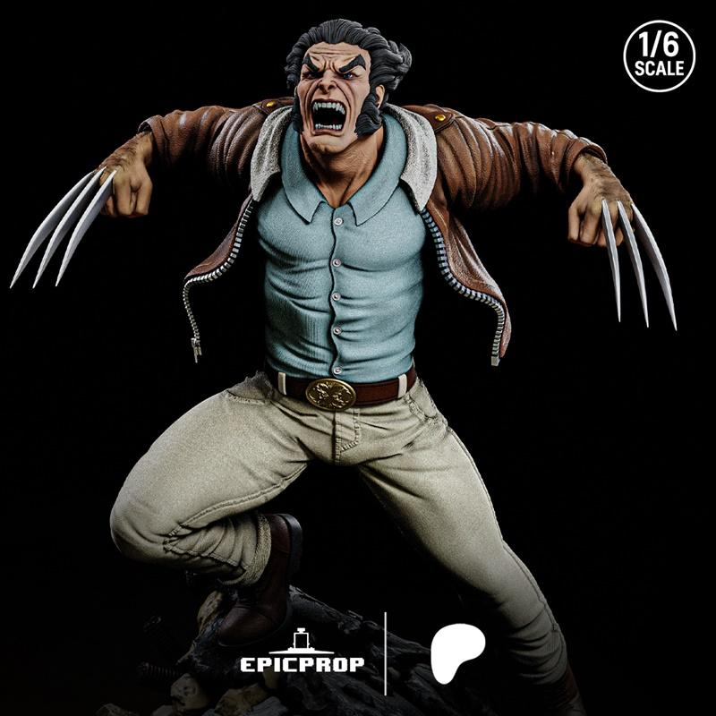 1/6 scale 3D print model of Logan from X-Men, roaring with adamantium claws extended, wearing a brown leather jacket...