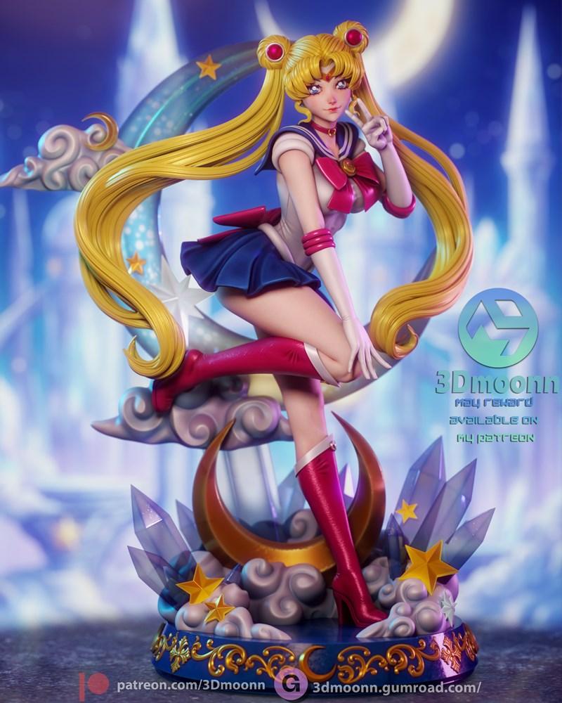 Sailor Moon figure in a dynamic pose, sitting on a crescent moon with clouds and crystals. She wears her iconic sailo...