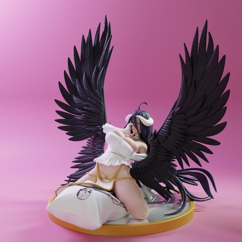 Albedo from Overlord kneeling on a pillow, wearing a white revealing outfit and large black wings, with a seductive e...
