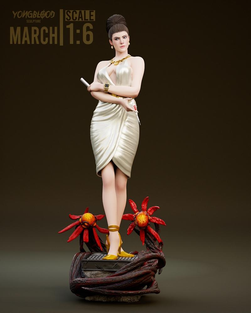 Excella Gionne from Resident Evil 5 figure by Yongblood Sculpture, 1:6 scale, wearing a white draped dress and yellow...