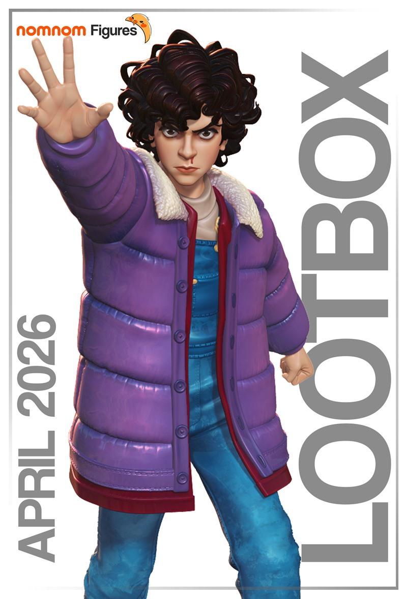 3D model figure of Eleven from Stranger Things, wearing a purple puffy jacket and blue overalls, with her hand outstr...