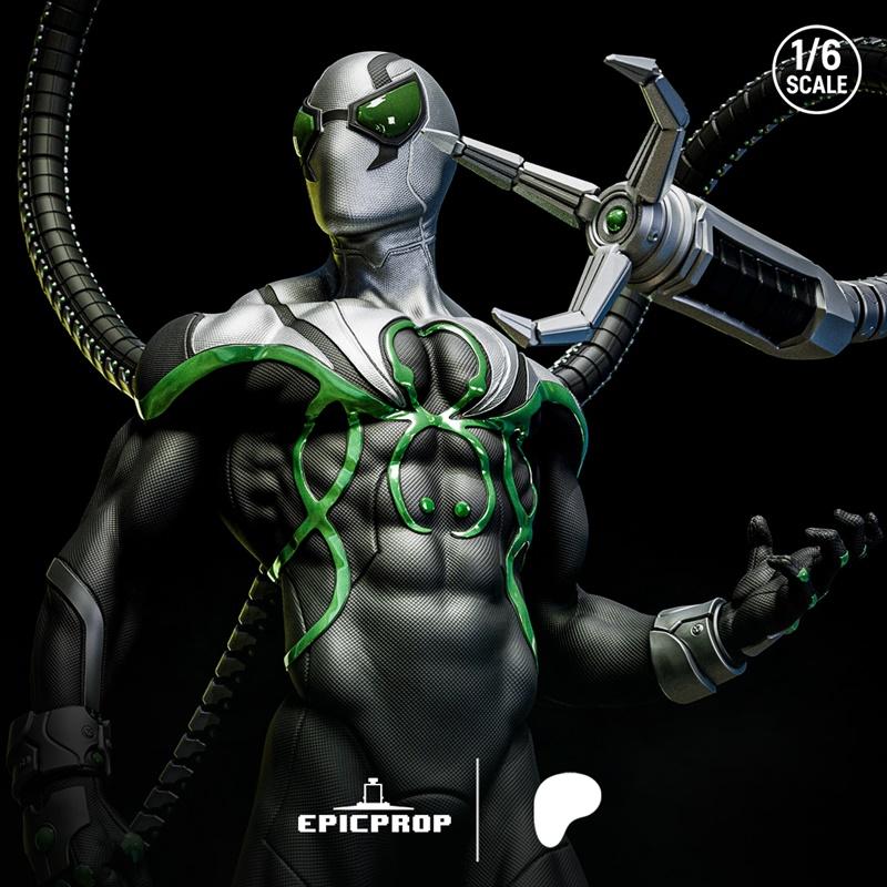 1/6 scale 3D model of Superior Octopus in a black and silver suit with green spider emblem and mechanical tentacles,...