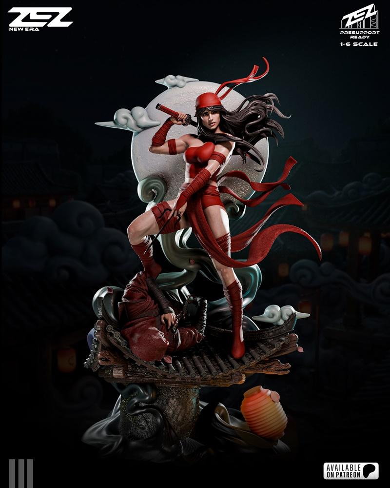 ZEZ Studio Elektra 3D model, 1:6 scale, in red costume with bandana and sai, standing over a defeated ninja on a moon...