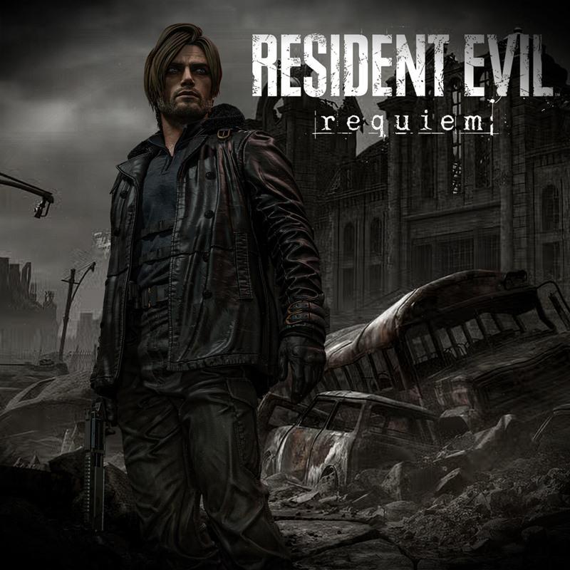 Leon S. Kennedy from Resident Evil, wearing a leather jacket and holding a gun, stands in a desolate, post-apocalypti...