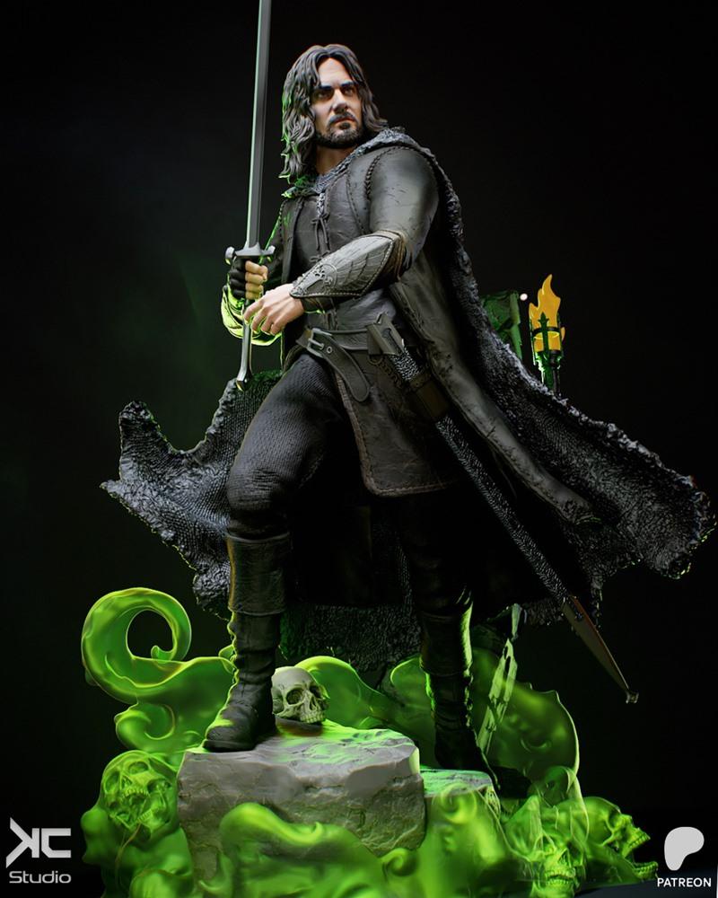 Aragorn figure from Lord of the Rings, holding a sword, wearing a dark cloak and armor, standing on a base with skull...