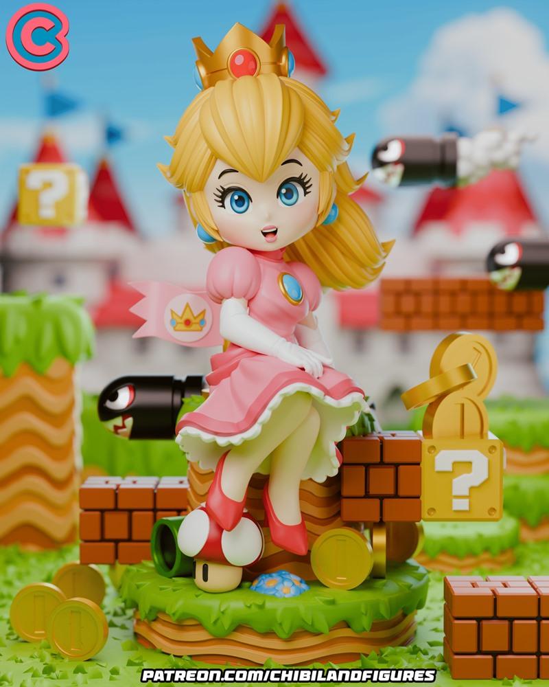 Chibi Princess Peach figure in pink dress and crown, sitting on a mushroom and brick platform with Super Mario game e...