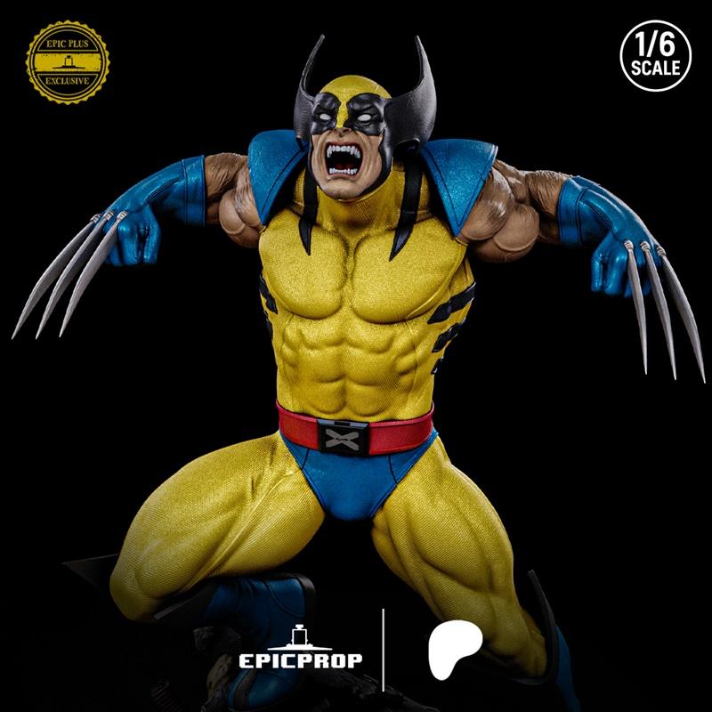 Wolverine in a crouching, roaring pose with adamantium claws extended, wearing his classic yellow suit with blue acce...