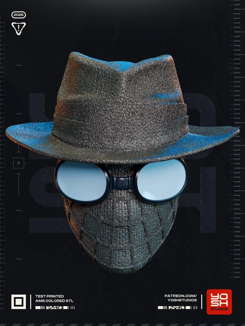 Spider-Man Noir helmet with textured fedora hat and goggles, featuring a web-patterned mask.
