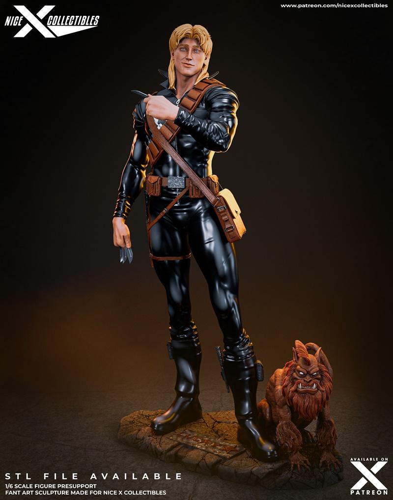 1:6 scale 3D model of Marvel's Longshot in a black leather suit, holding throwing knives, with a small creature at hi...