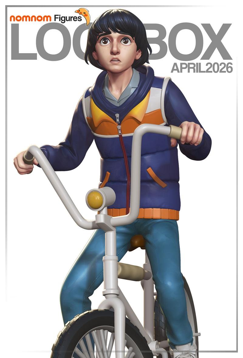 Mike Wheeler from Stranger Things riding a bicycle, wearing a blue puffer jacket and blue jeans. Nomnom Figures 3D mo...