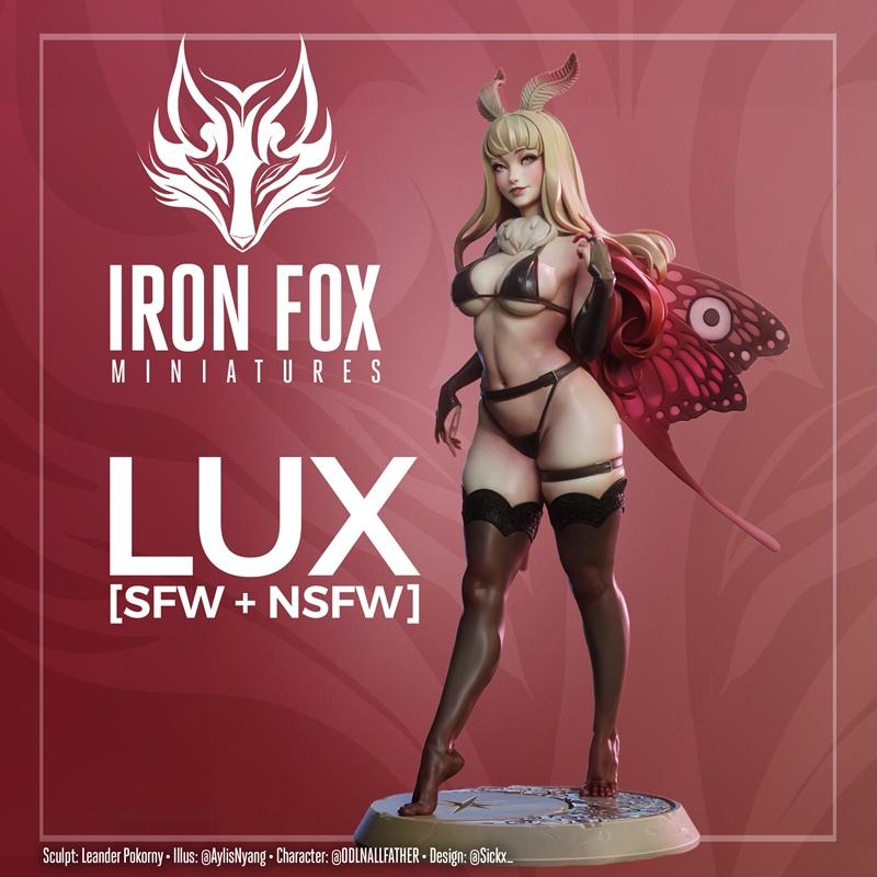 Full body 3D model of Lux, a blonde woman with moth wings, wearing black lingerie and thigh-high stockings, striking...