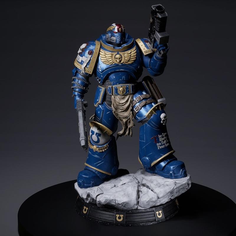 Abe3D Tyrus Warhammer 40k Space Marine figure in blue power armor, holding a bolter and pistol, standing on a rocky b...